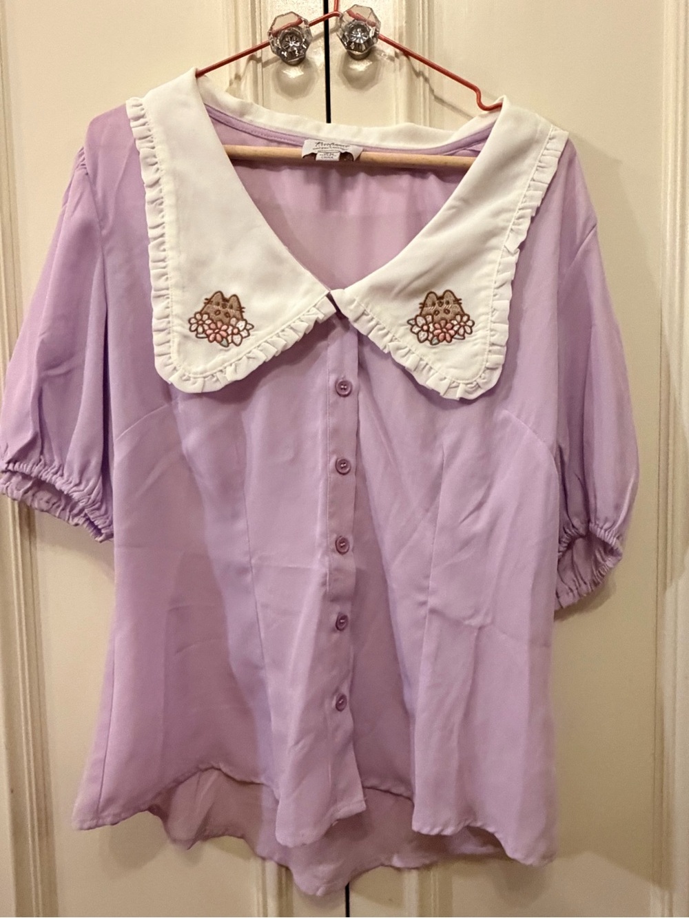 Unique Vintage + Pusheen Lavender Button-Front Blouse with White Ruffled Collar